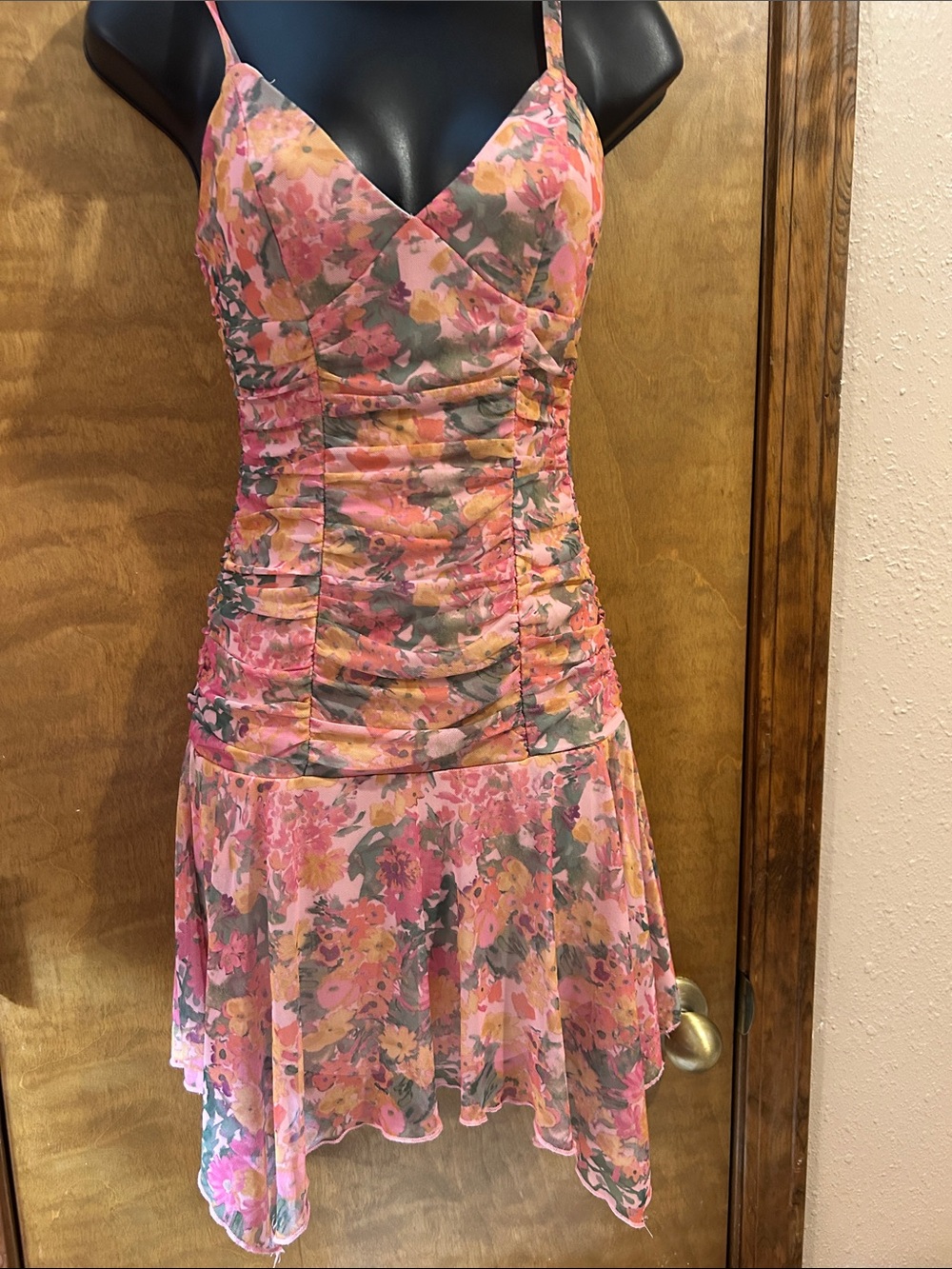 Floral Pink Mixed-Color Spaghetti Strap Dress - Homecoming